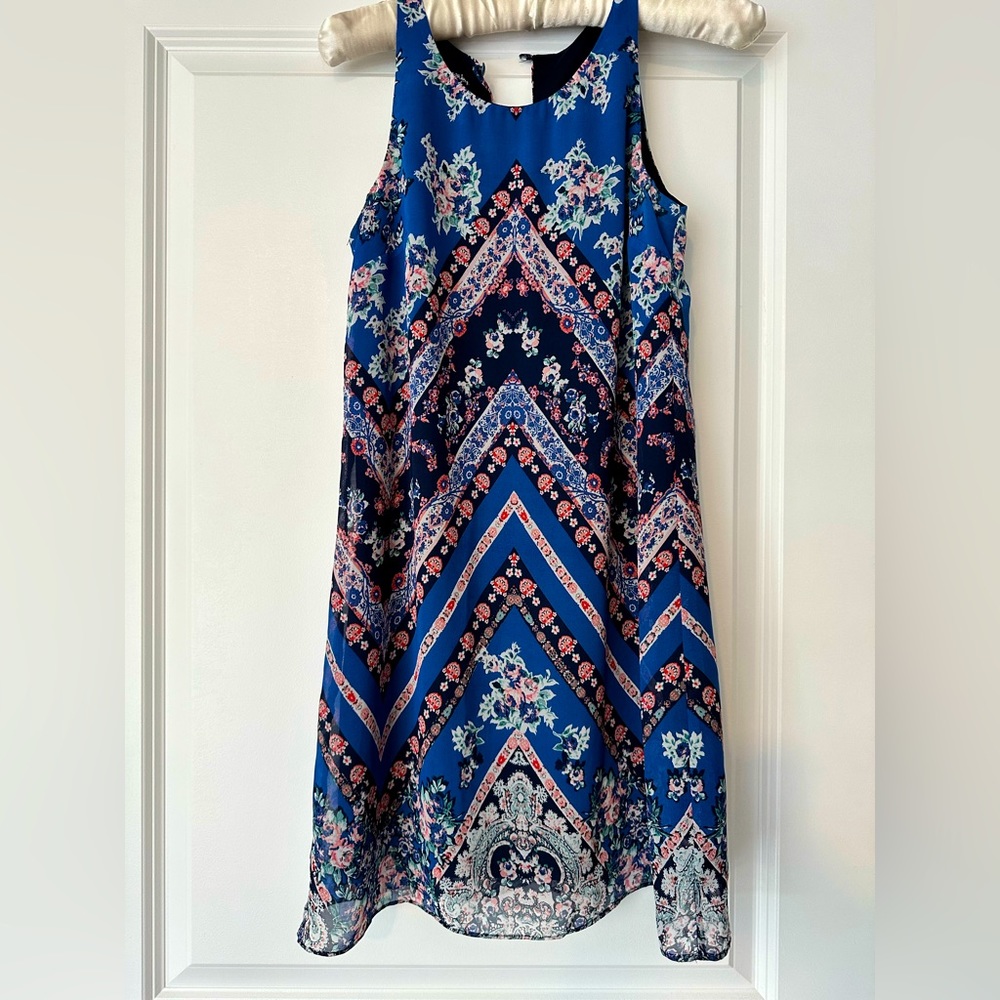 Sleeveless blue and floral dress